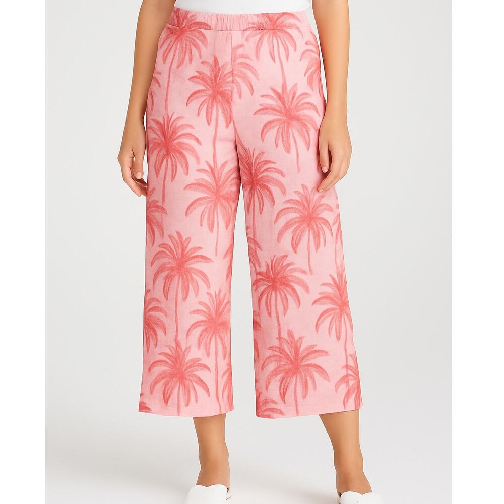 Tahari 100% Linen Cropped Pants Size XL Pink Palm Print Vacation Resort Pants